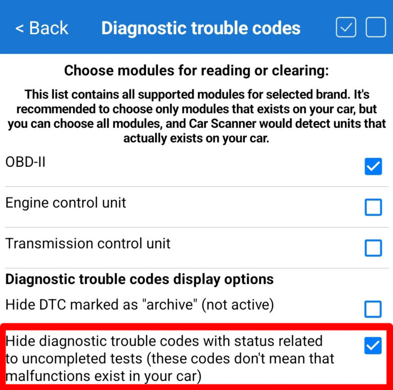 Code Testing Error Faults with the status “Test not completed” – Car Scanner ELM OBD2
